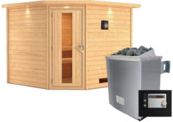 Sauna „Leona“, Eckeinstieg, 9 kW Ofen externe Strg., mit Kranz, Energiespartür Ja | 9 kW externe Steuerung | Energiespartür | Ja