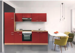 Küchenzeile 270, Buche, mit Geräten, Glaskeramik-Kochfeld, rot rot