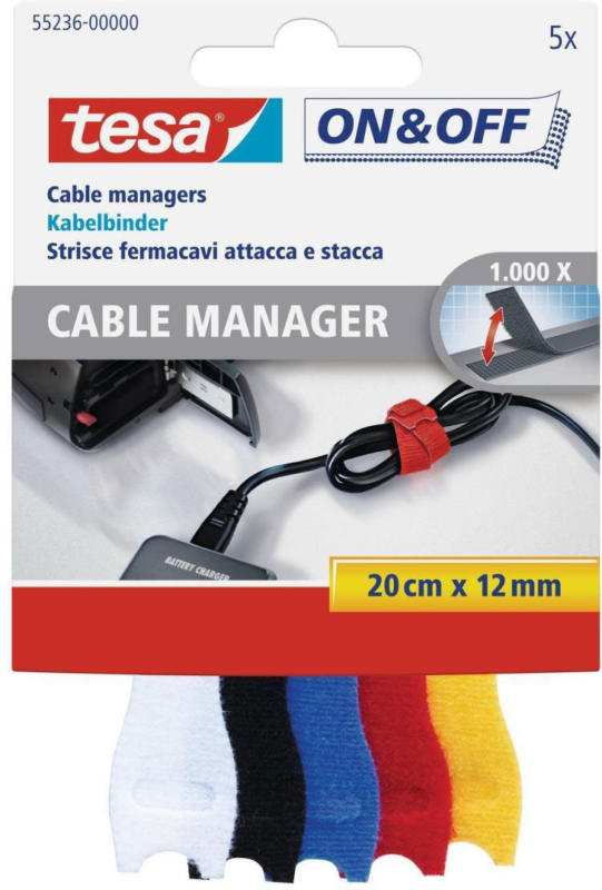 Tesa-Klettband „Cable Manager small“, bunt, 12mmx20cm, 5 Stück