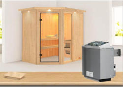 Systemsauna „Fiona 1“, 68 mm, 9 kW Ofen integr. Strg., mit Dachkranz Ofen 9 kW integr. Strg | Ja