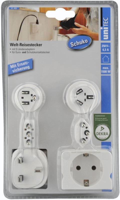 Reisestecker „Welt“ mit Zusatzsicherung