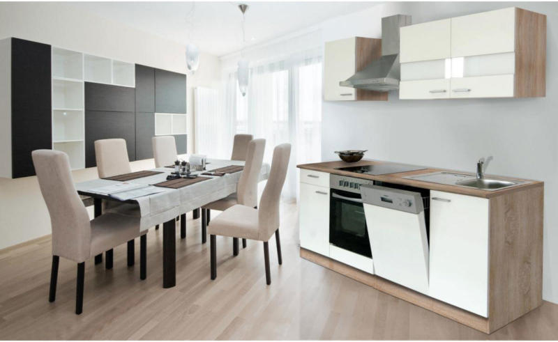 Küchenzeile 220 cm Eiche Sonoma sägerau Nachbildung/Weiß, Glaskeramik Glaskeramik