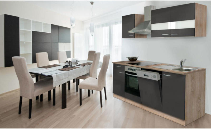 Küchenzeile 220 cm Eiche Sonoma sägerau Nachbildung/Grau, Glaskeramik Glaskeramik