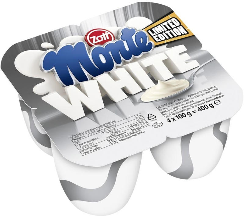 Zott Monte Maxi Milch-Dessert + Schoko oder White jede 4 x 100 g = 400-g-Packung