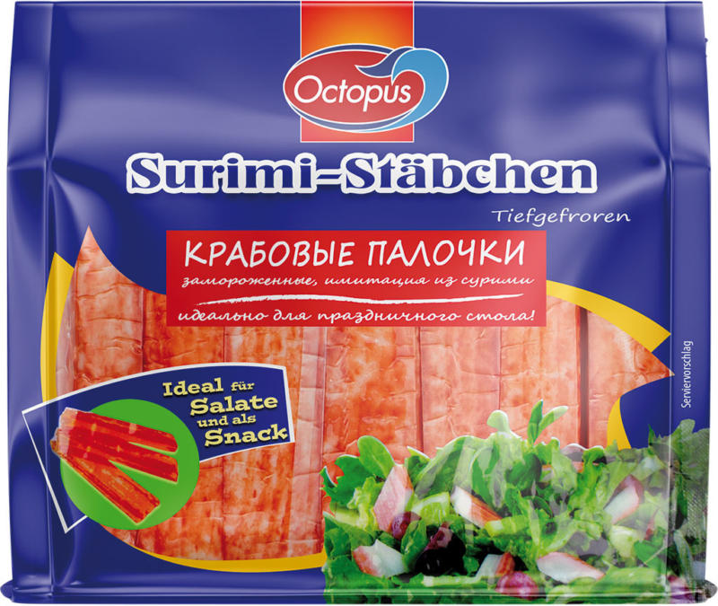 Surimi-Stäbchen-Fischzubereitung aus Fischmuskeleiweiss tiefgefroren
