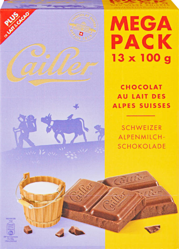 Tablette de chocolat Lait des alpes suisses Cailler, 13 x 100 g