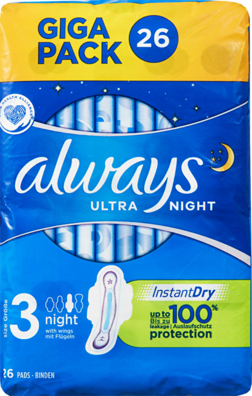 Assorbenti igienici Night Always ultra, con ali, pacco gigante, 26 pezzi