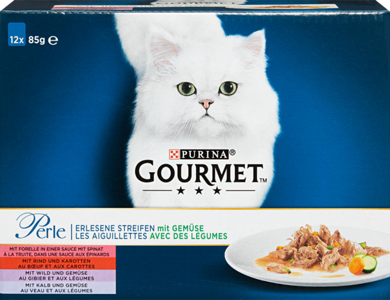Purina Gourmet Perle Katzenfutter, Erlesene Streifen mit Gemüse, assortiert, 12 x 85 g