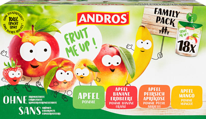 Andros Fruit Me Up, trinkbare Kompotte, assortiert, ohne Zuckerzusatz, 18 Stück