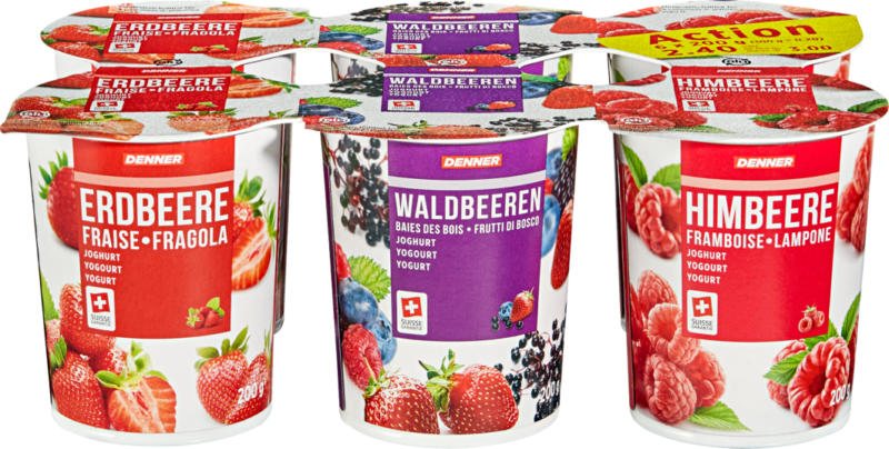 Yogourt Denner, Fraise, Baies des bois, Framboise, assortis, 6 x 200 g