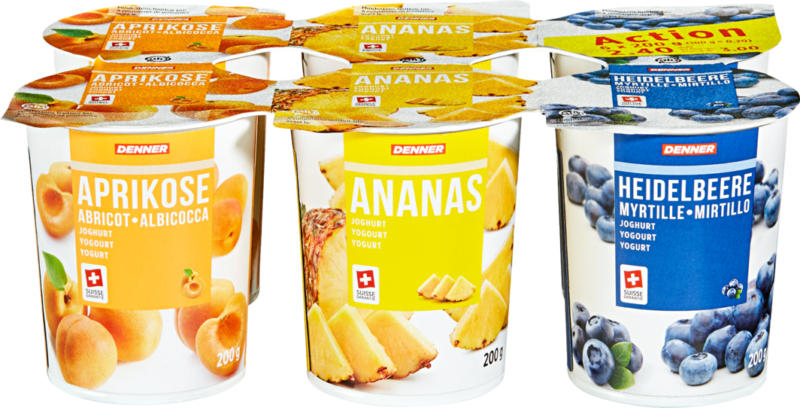 Yogourt Denner, Abricot, Ananas, Myrtille, assortis, 6 x 200 g