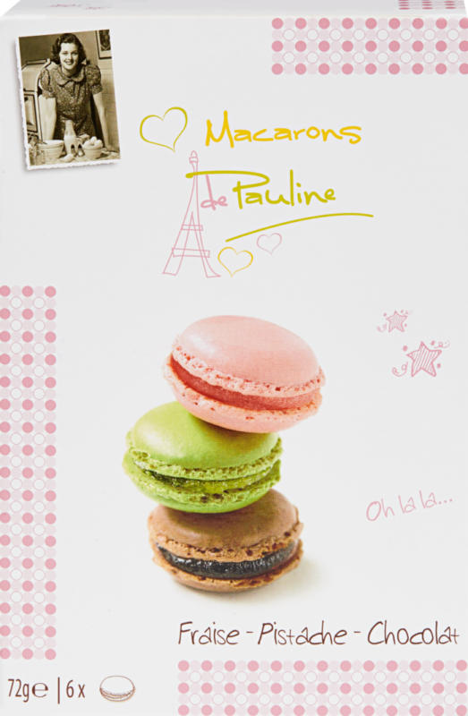 Macarons de Pauline, assortiert: Erdbeere, Pistazie, Schokolade, 72 g