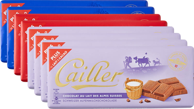 Tavoletta di cioccolata Cailler, assortite: 4 x Latte, 2 x Mandorle, 2 x Chocmel, 8 x 100 g