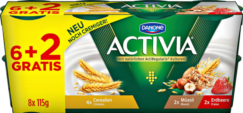Yogourt Activia Danone, probiotique, assortis: Céréales, Muesli, Fraise, 8 x 115 g
