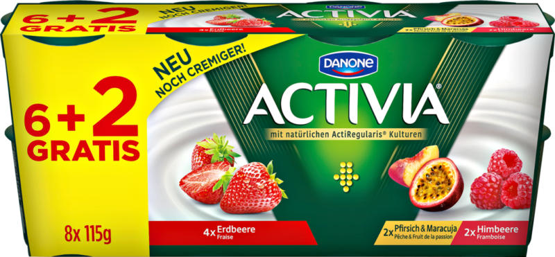 Yogurt Activia Danone, probiotisch, assortiert: Erdbeere, Pfirsich & Maracuja, Himbeere, 8 x 115 g