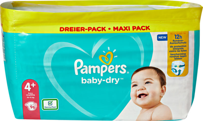 Pampers Baby-Dry Maxi Plus Windeln, Grösse 4+ (Maxi Plus), 10-15 kg, 96 Stück