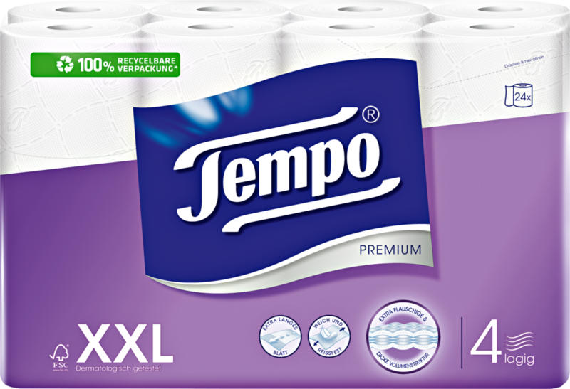 Tempo Toilettenpapier Premium weiss, 4-lagig, 24 x 110 Blatt