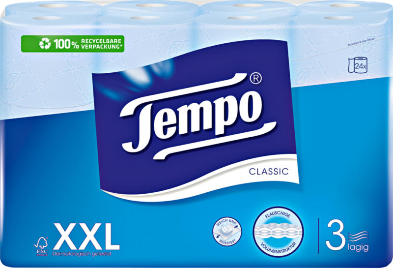 Tempo Toilettenpapier Classic blau, 3-lagig, 24 x 150 Blatt