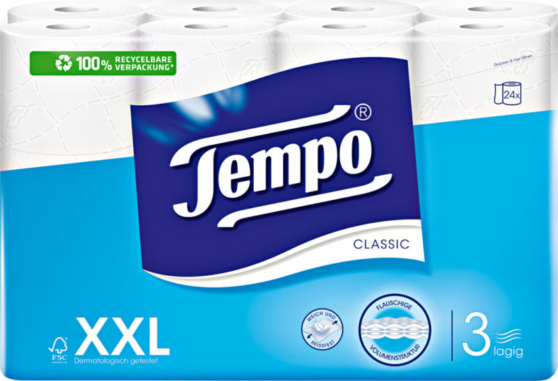 Carta igienica Classic bianca Tempo, a 3 veli, 24 x 150 strappi