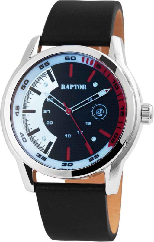 Raptor Montre pour hommes avec bracelet en cuir véritable noir -