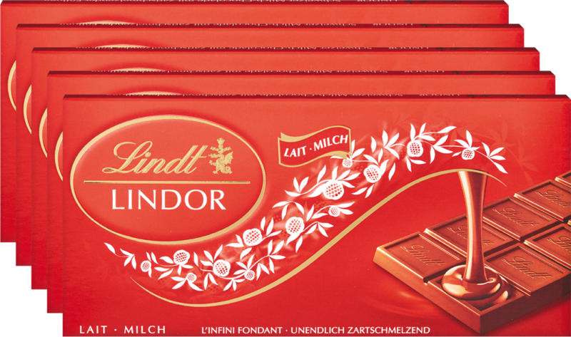 Lindt Lindor Tafelschokolade Milch, 5 x 100 g