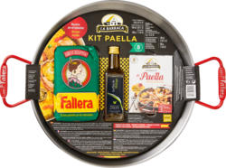 Kit à paella La Barraca, contient 1 poêle en acier, 500 g de riz à paella, 1 mélange d'épices, 100 ml d’huile d’olive Extra Vergine