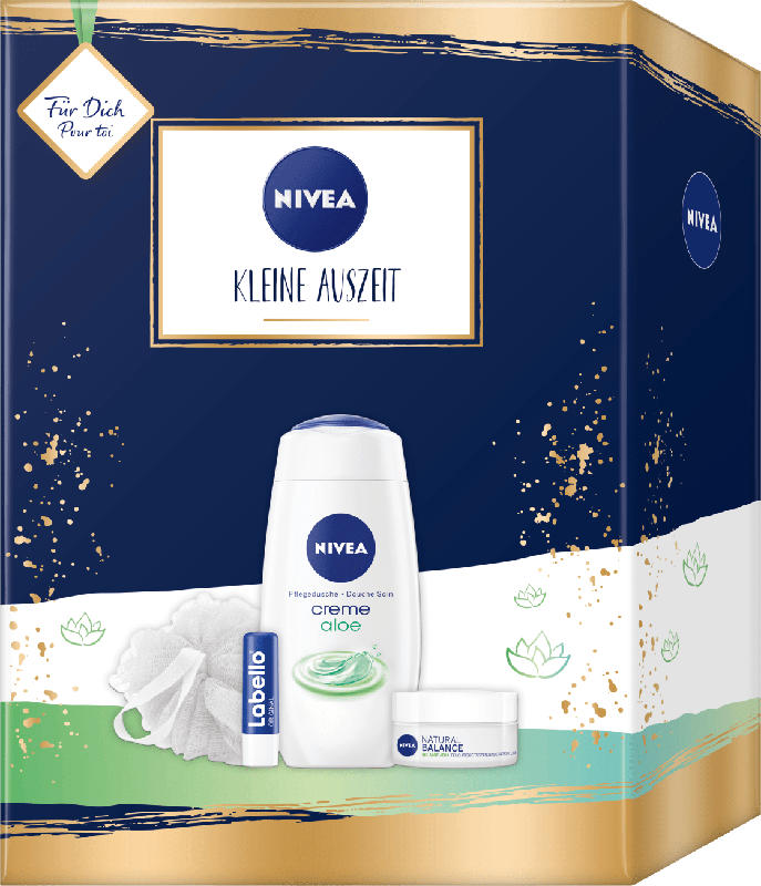 NIVEA Geschenkset Kleine Auszeit Labello 5,5g + Duschgel 250ml + Tagespflege 50ml + Duschschwamm