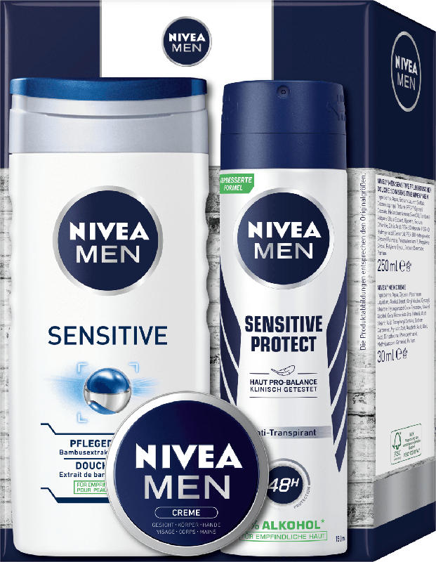 NIVEA MEN Geschenkset Sensitive Duschgel 250ml + Deospray 150ml + Creme 30ml