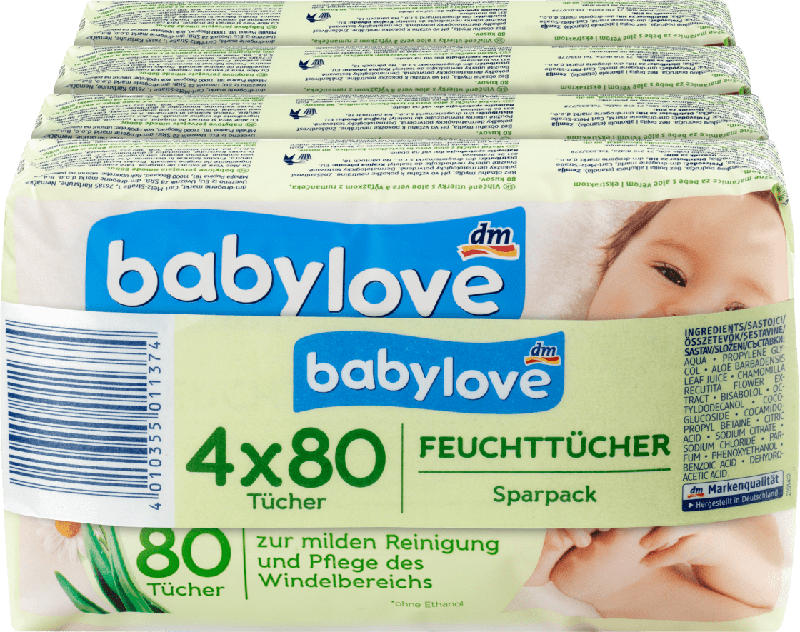 babylove Feuchttücher, 4x80 Stück