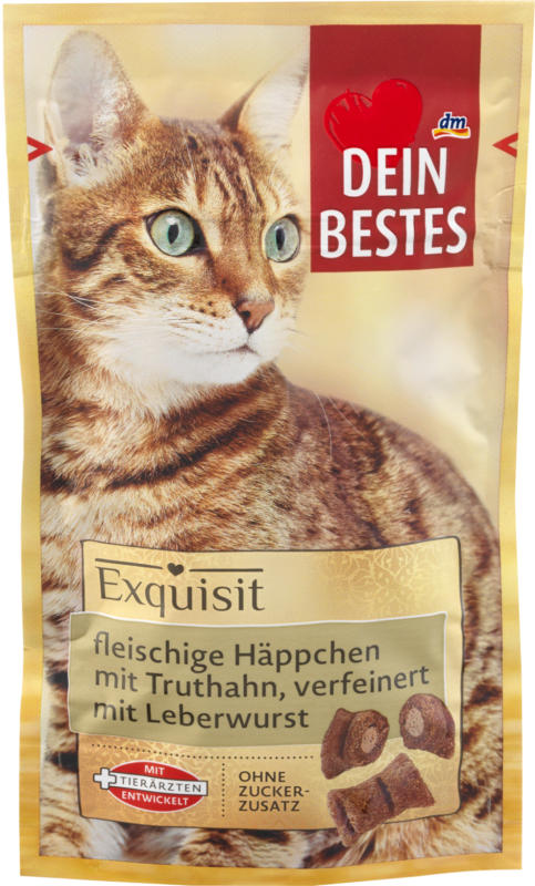 Dein Bestes Exquisit, Snack für Katzen, fleischige Häppchen mit Truthahn, verfeinert mit Leberwurst