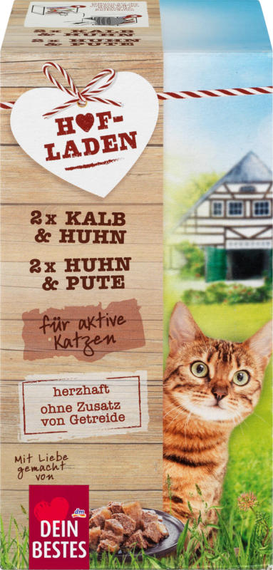 Dein Bestes Hofladen, Nassfutter für aktive Katzen, Kalb und Huhn & Huhn und Pute, Multipack 4 x 85 g