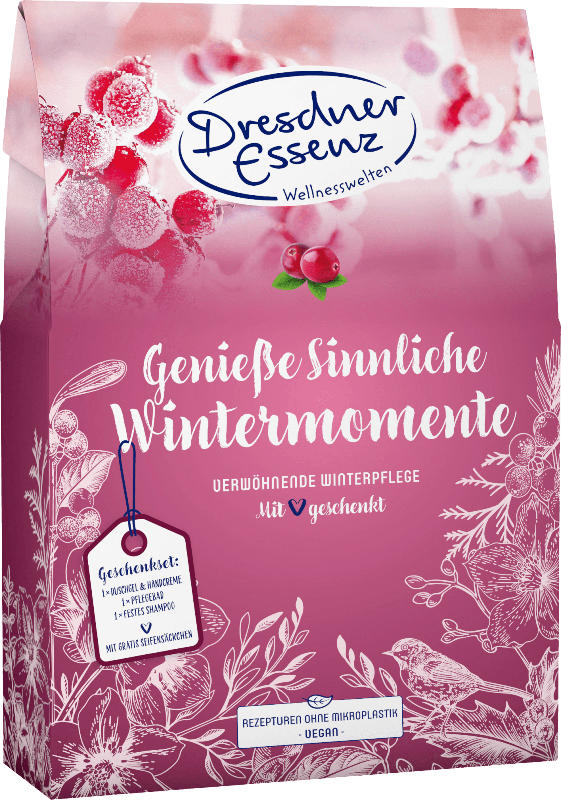 Dresdner Essenz Geschenkset Genieße sinnliche Wintermomente Duschgel 200ml + Handcreme 75ml + Pflegebad 60g + Gesichtsseife