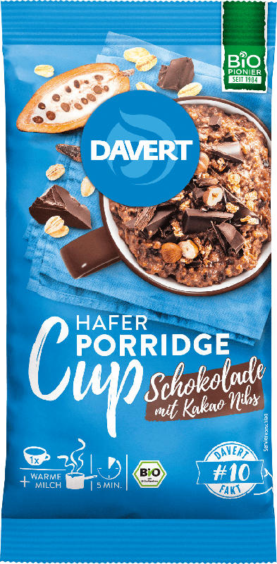 Davert Zwischenmahlzeit, Porridge Cup, Schokolade mit Kakao Nibs
