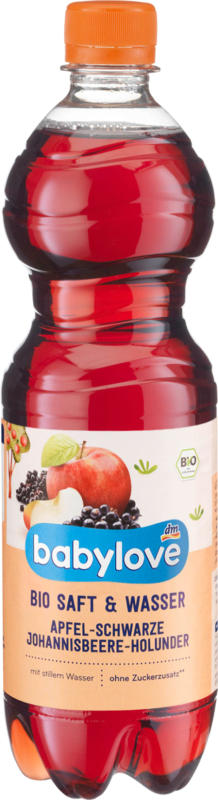 babylove Saft Apfel-schwarze Johannisbeere-Holunder mit stillem Mineralwasser