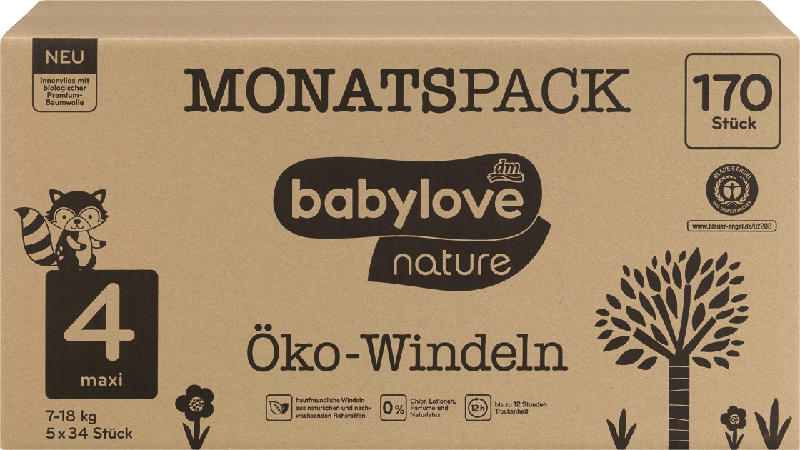 babylove Windeln nature Gr. 4, Maxi, 7-18 kg, Monatspack