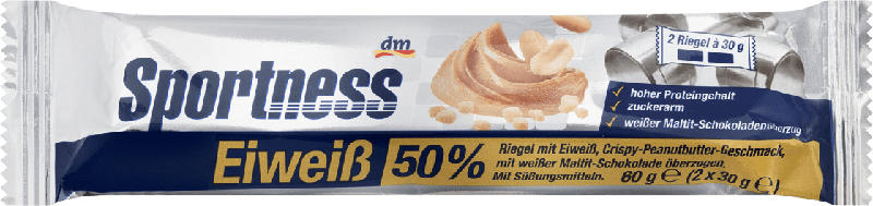 Sportness Eiweiß-Riegel 50 %, Crispy-Peanutbutter-Geschmack, mit weißer Maltit-Schokolade überzogen, 2x30g