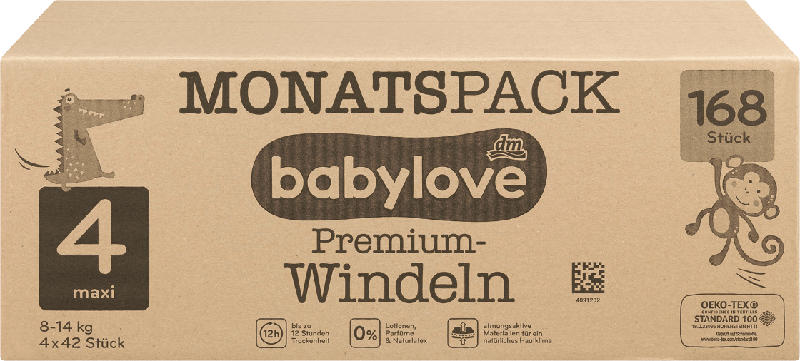 babylove Windeln Premium Gr. 4, Maxi, 8-14 kg, Monatspack