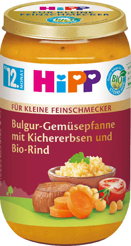 Hipp Menü Für kleine Feinschmecker Bulgur-Gemüsepfanne mit Kichererbsen und Bio-Rind ab 12. Monat