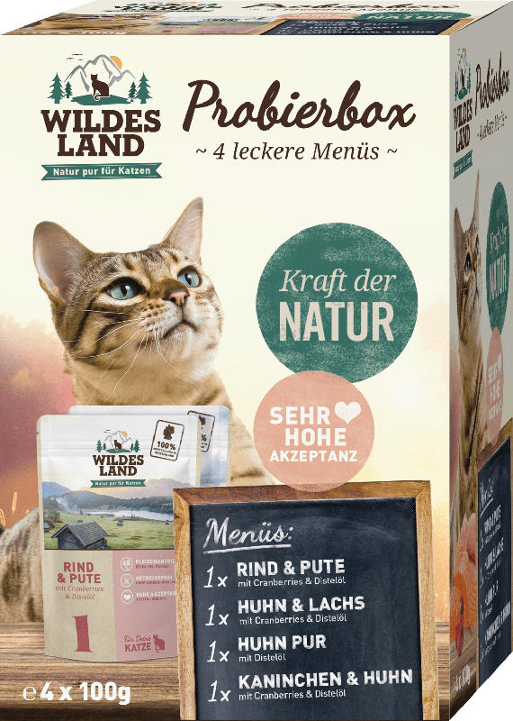 Wildes Land Nassfutter für Katzen, Nr 1. Rind & Pute, Nr. 2 Huhn & Lachs, Nr. 3 Huhn Pur, Nr. 4 Kaninchen & Huhn, Multipack (4 x 100g)