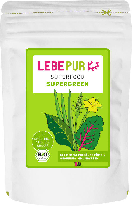 Lebepur Superfood Pulver, Supergreen mit Weizengras, Gerstengras, Spinat, Spitzwegerich & Brennnessel