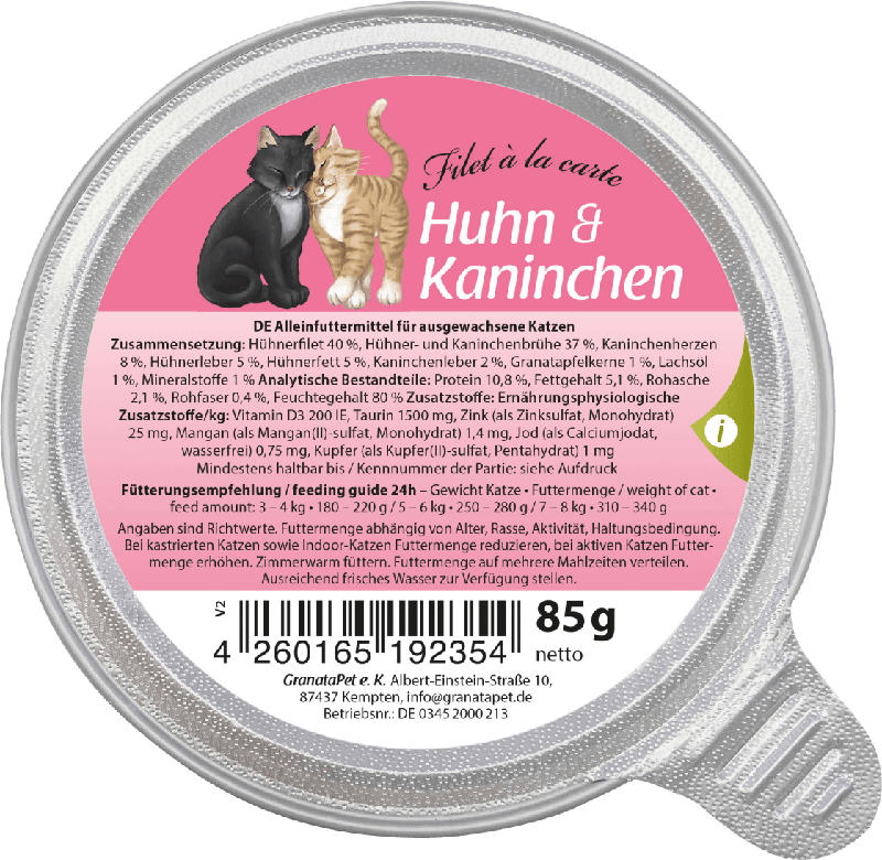 GranataPet Nassfutter für Katzen, Adult, Filet à la carte Huhn & Kaninchen
