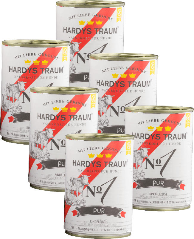 Hardys Traum Nassfutter für Hunde, Pur No. 1 Rind, glutenfrei, 6x400g