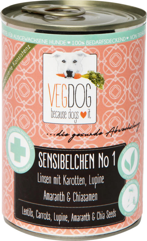 VegDog Nassfutter für Hunde, Sensibelchen No 1, Linsen mit Karotten, Lupine, Amaranth & Chiasamen