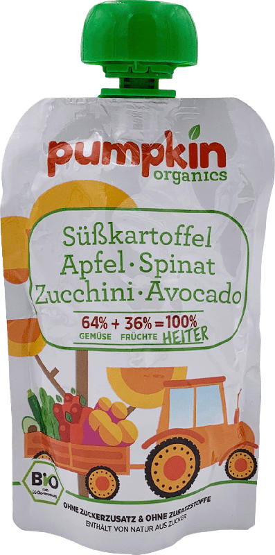 pumpkin organics Quetschie HEITER Süßkartoffel Spinat, Zucchini mit Apfel und Avocado