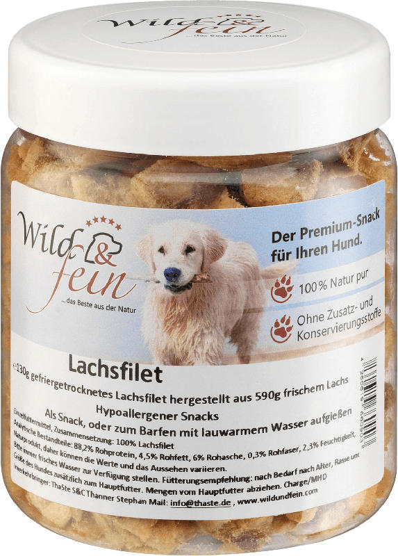 Wild & fein Snacks für Hunde, Lachsfilet gefriergetrocknet