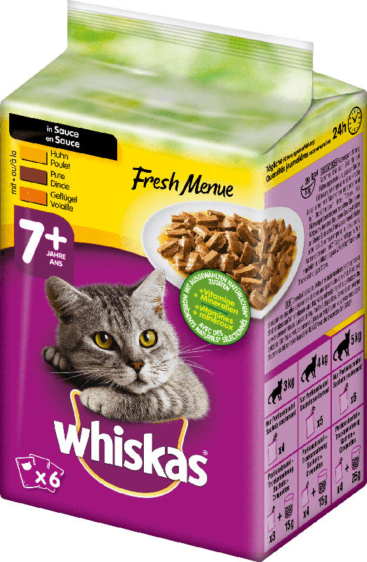 Whiskas Nassfutter für Katzen, Senior 7+, Fresh Menue in Sauce, mit Huhn, Truthahn & Geflügel, 6x50g