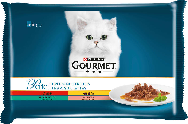 GOURMET Nassfutter für Katzen, Perle Erlesene Streifen mit Rind, Huhn, Kaninchen und Lachs, Multipack 4x85g