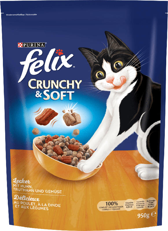 Felix Trockenfutter für Katzen, Crunchy & Soft mit Huhn, Truthahn und Gemüsezugabe