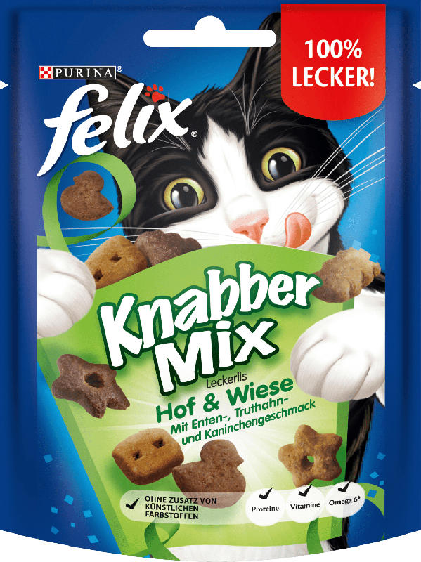 Felix Snack für Katzen, KnabberMix Hof & Wiese
