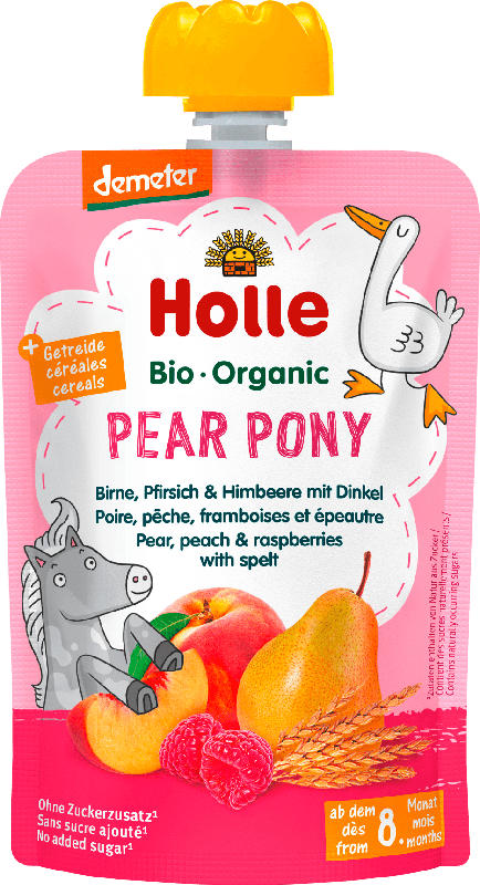 Holle baby food Quetschie Pear Pony, Birne, Pfirsich & Himbeere mit Dinkel ab 8 Monaten